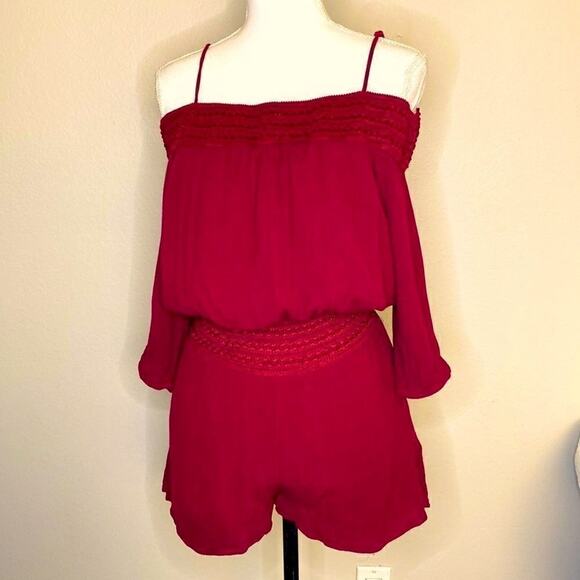 Purple Snow Burgundy Red 3/4 Sleeve Cold Shoulder Crinkle Romper Lined Sz S Vid - Picture 2 of 16